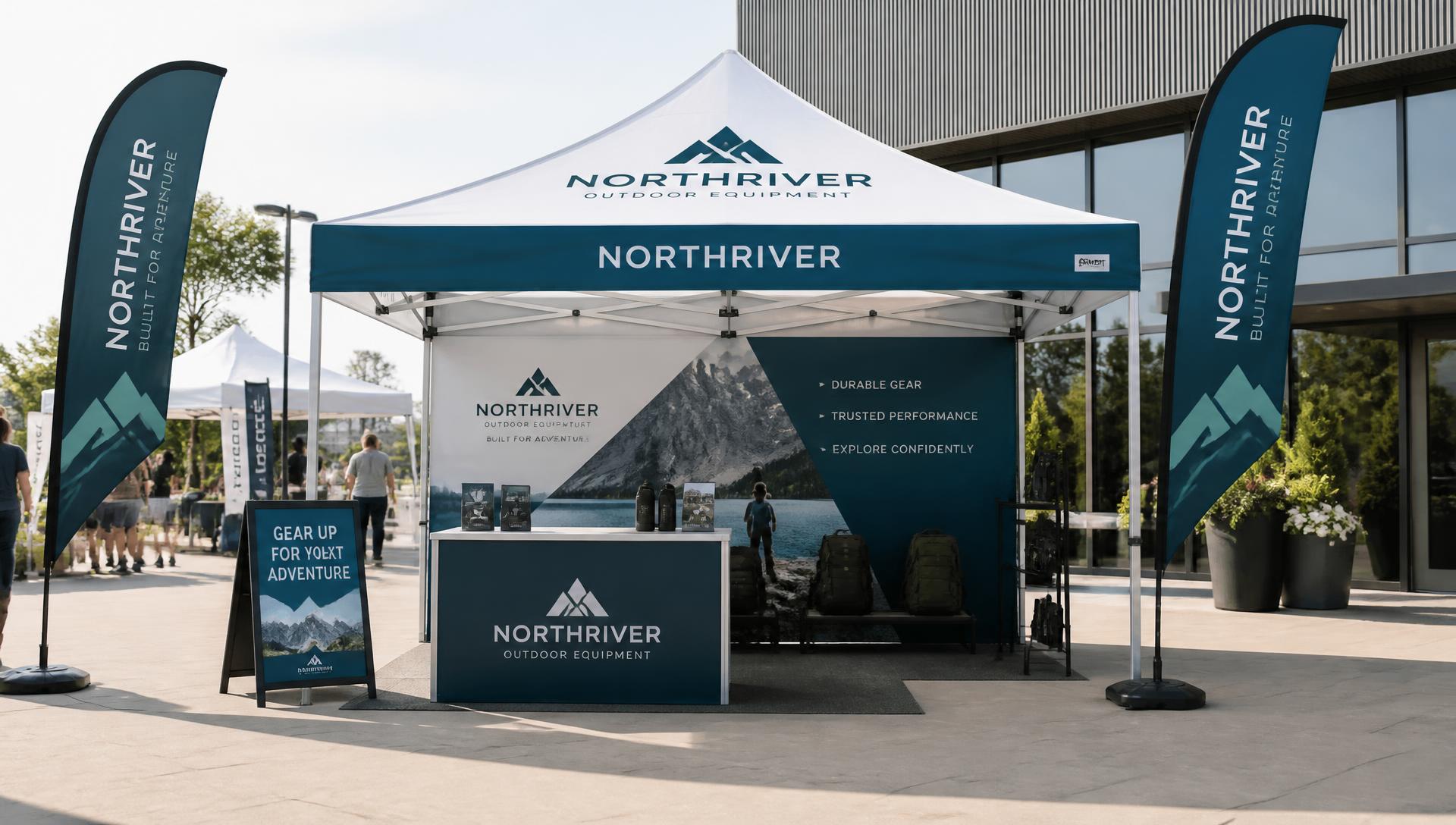Branded canopy tent and feather flags at an outdoor corporate event